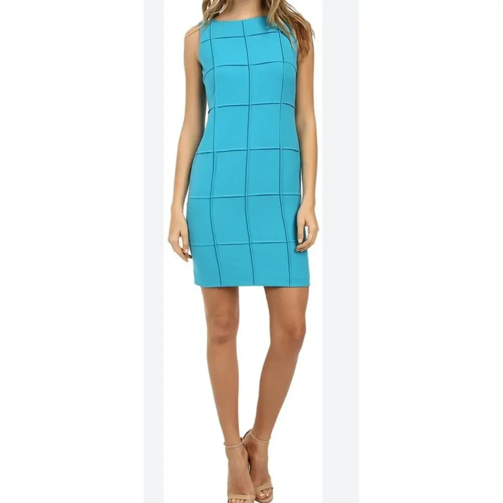 Women's Calvin Klein Aqua Blue Windowpane Stretch  Sheath Dress Size‎ 10P